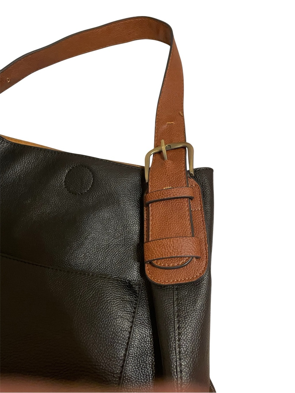 Women's Black Leather Bag w/brown strap and interior. 12”L X 16W. NWOT. - Picture 5 of 6